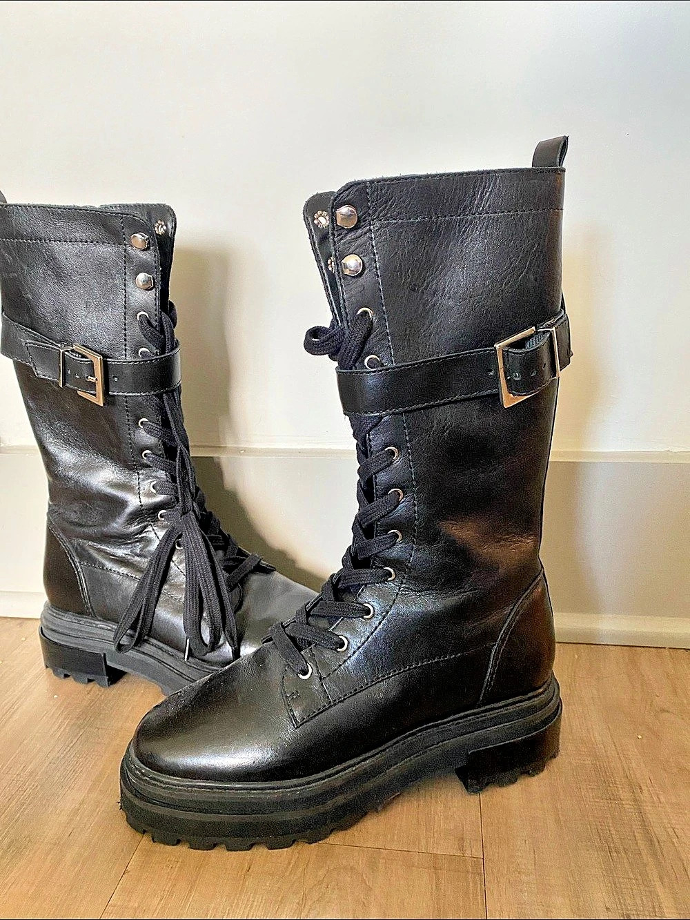 Schutz Leather Combat Buckle Boots